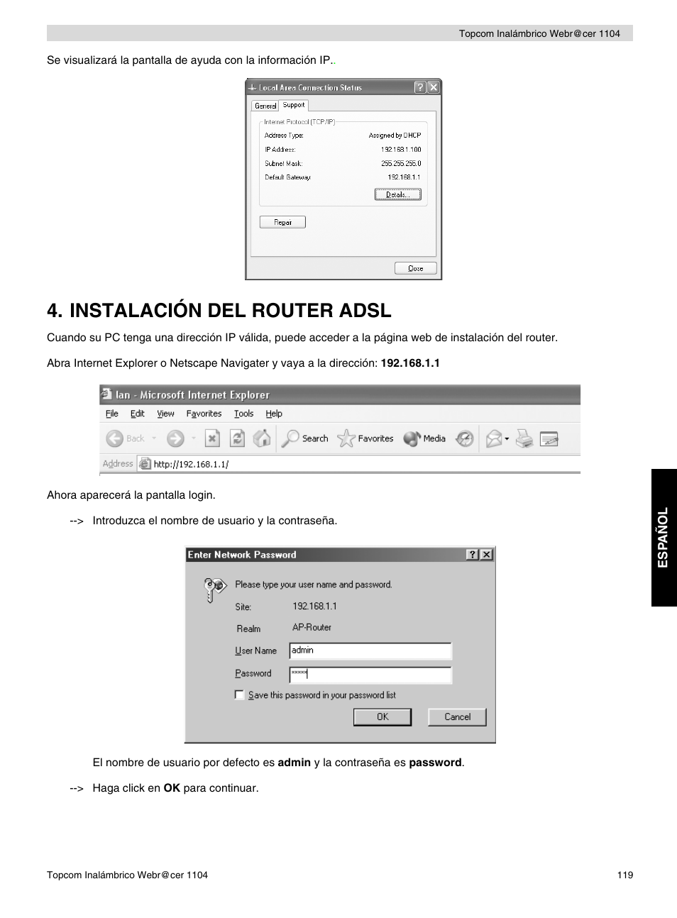 Instalación del router adsl | Topcom Wireless Webracer 1104 User Manual | Page 119 / 144