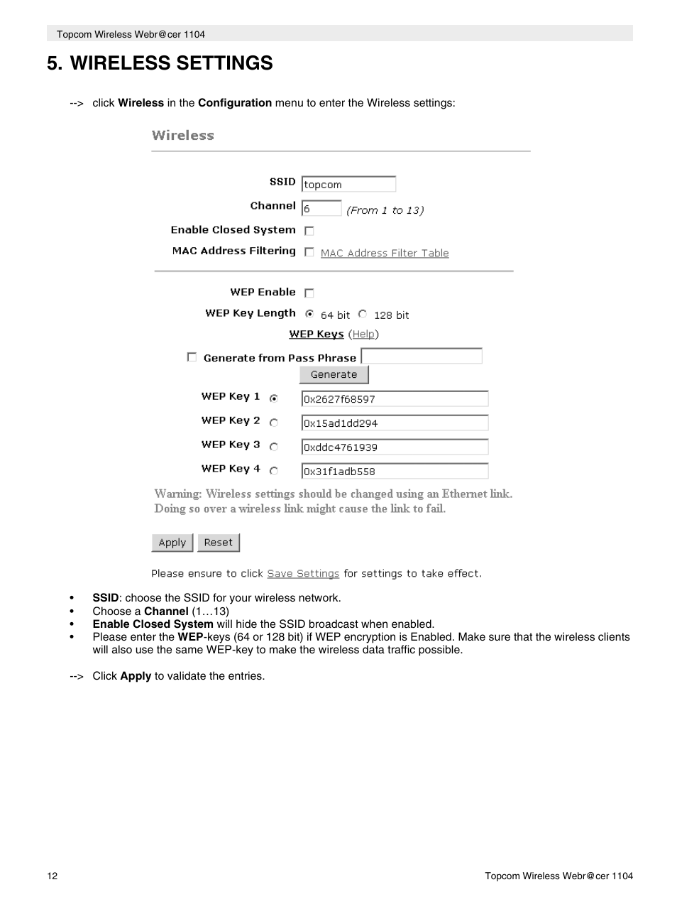 Wireless settings | Topcom Wireless Webracer 1104 User Manual | Page 12 / 144