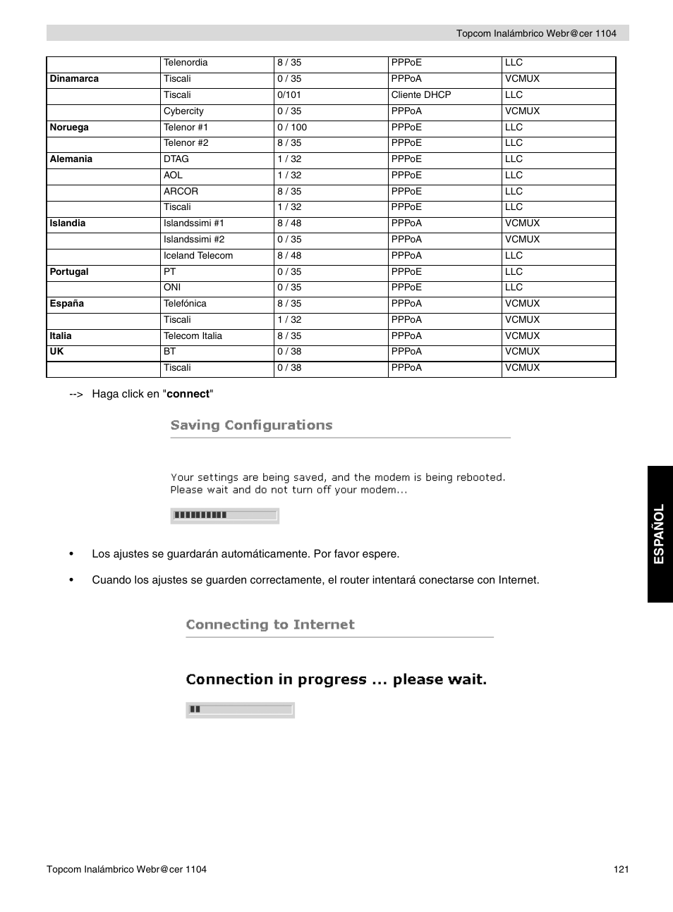 Esp añol | Topcom Wireless Webracer 1104 User Manual | Page 121 / 144