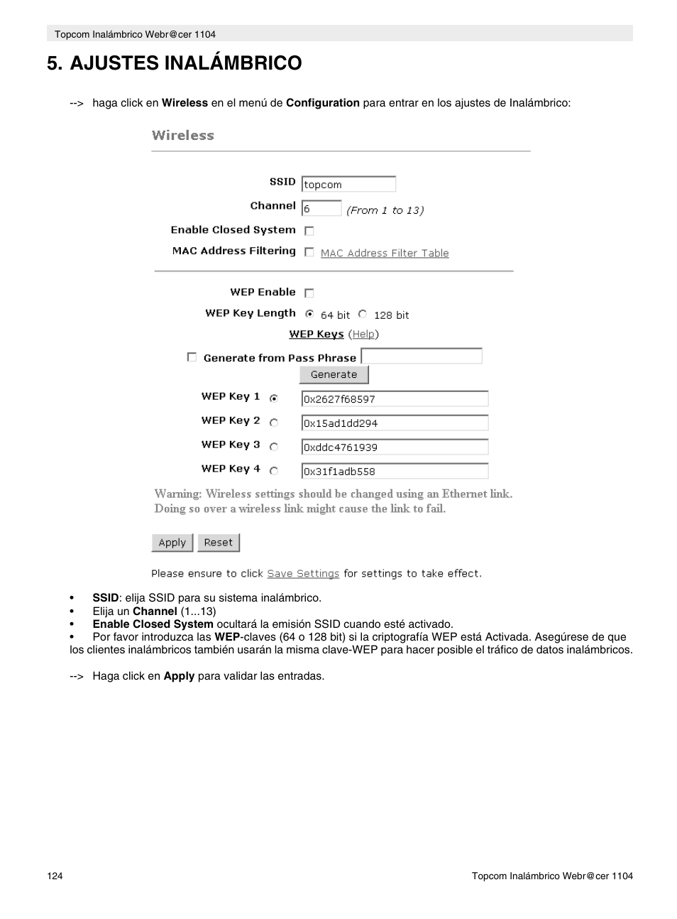 Ajustes inalámbrico | Topcom Wireless Webracer 1104 User Manual | Page 124 / 144