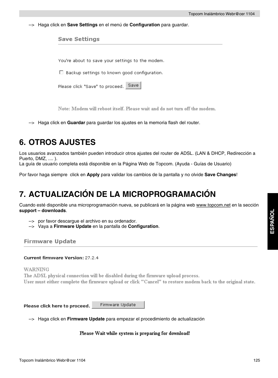 Otros ajustes, Actualización de la microprogramación | Topcom Wireless Webracer 1104 User Manual | Page 125 / 144