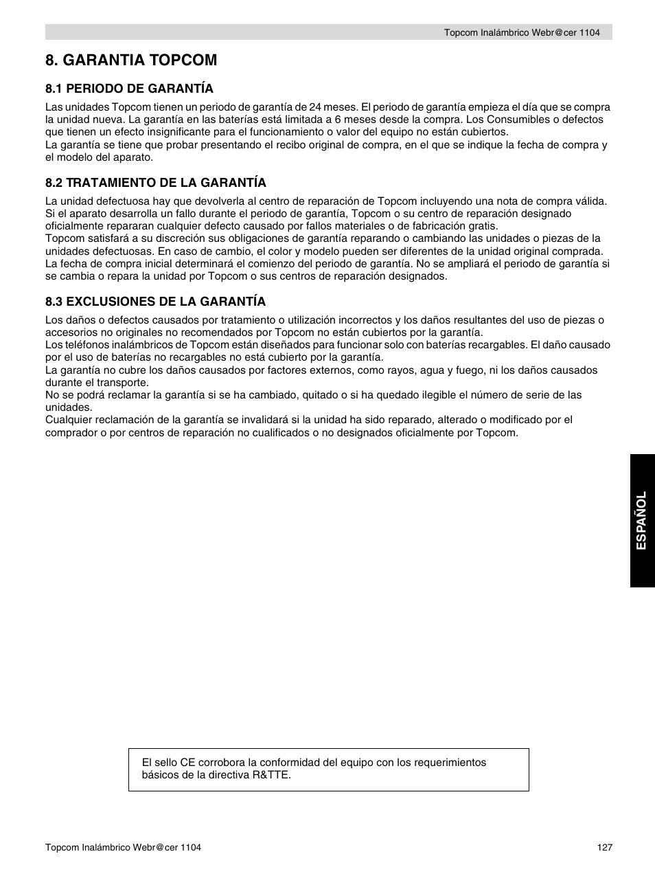 Garantia topcom | Topcom Wireless Webracer 1104 User Manual | Page 127 / 144