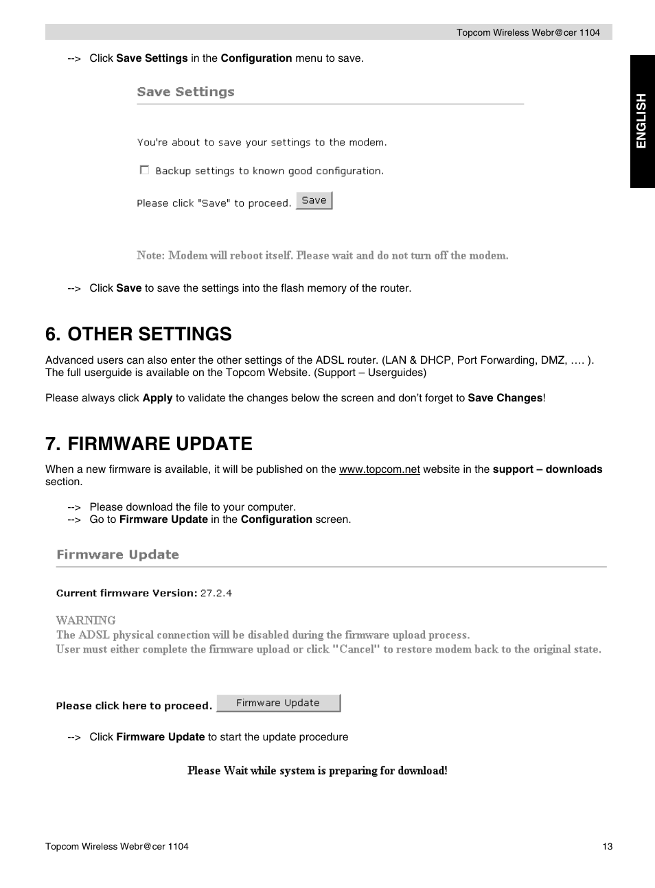 Other settings, Firmware update | Topcom Wireless Webracer 1104 User Manual | Page 13 / 144