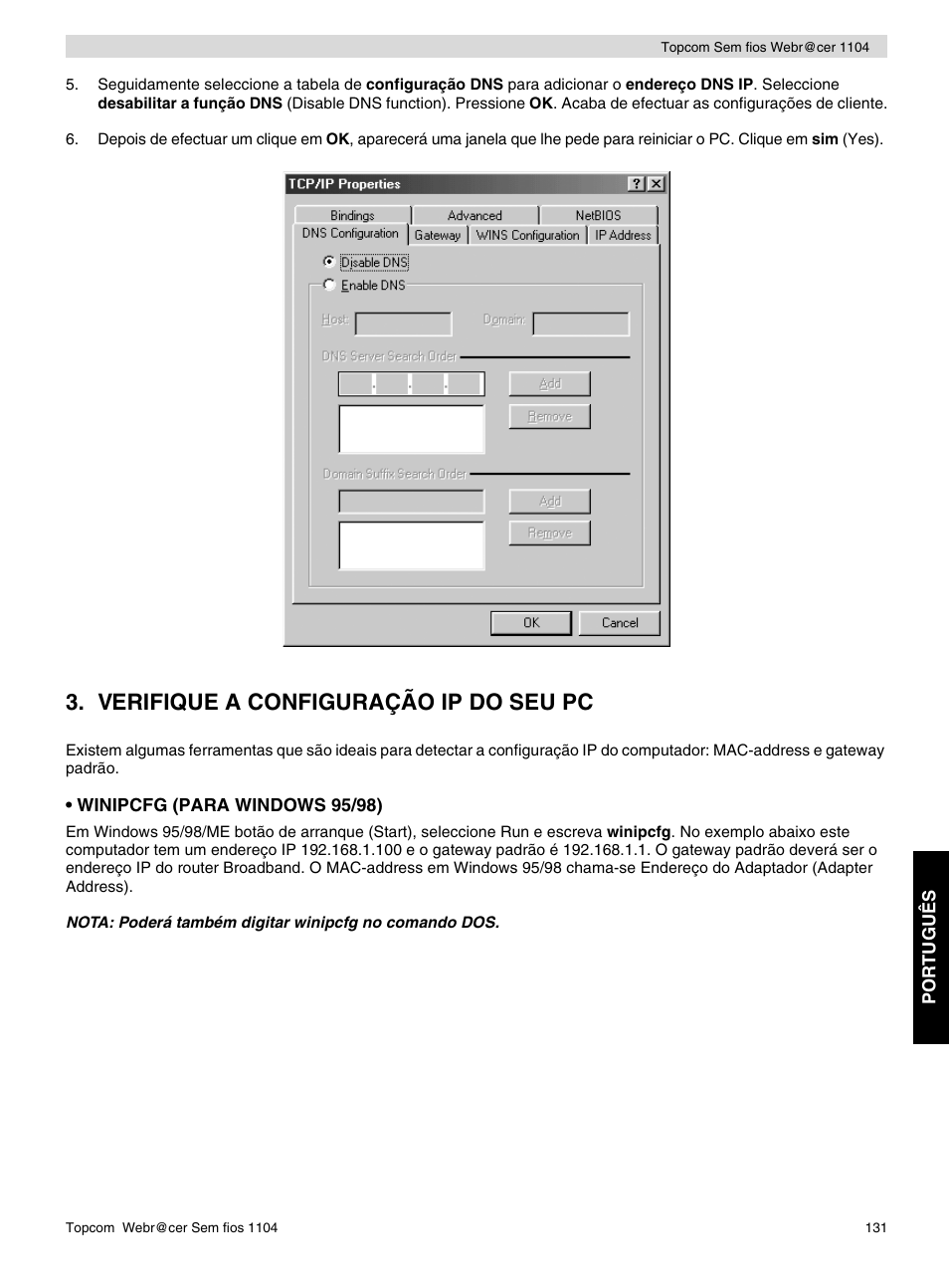 Verifique a configuração ip do seu pc | Topcom Wireless Webracer 1104 User Manual | Page 131 / 144