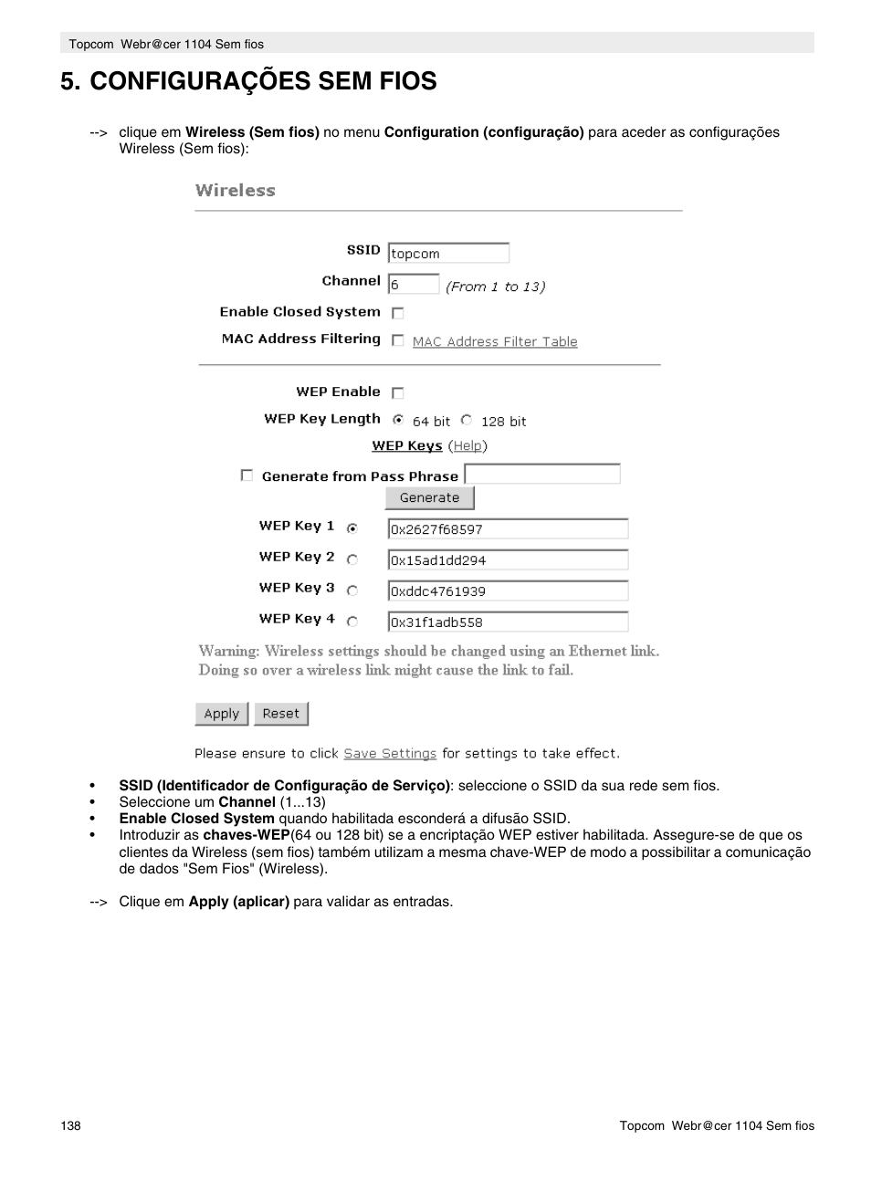 Configurações sem fios | Topcom Wireless Webracer 1104 User Manual | Page 138 / 144