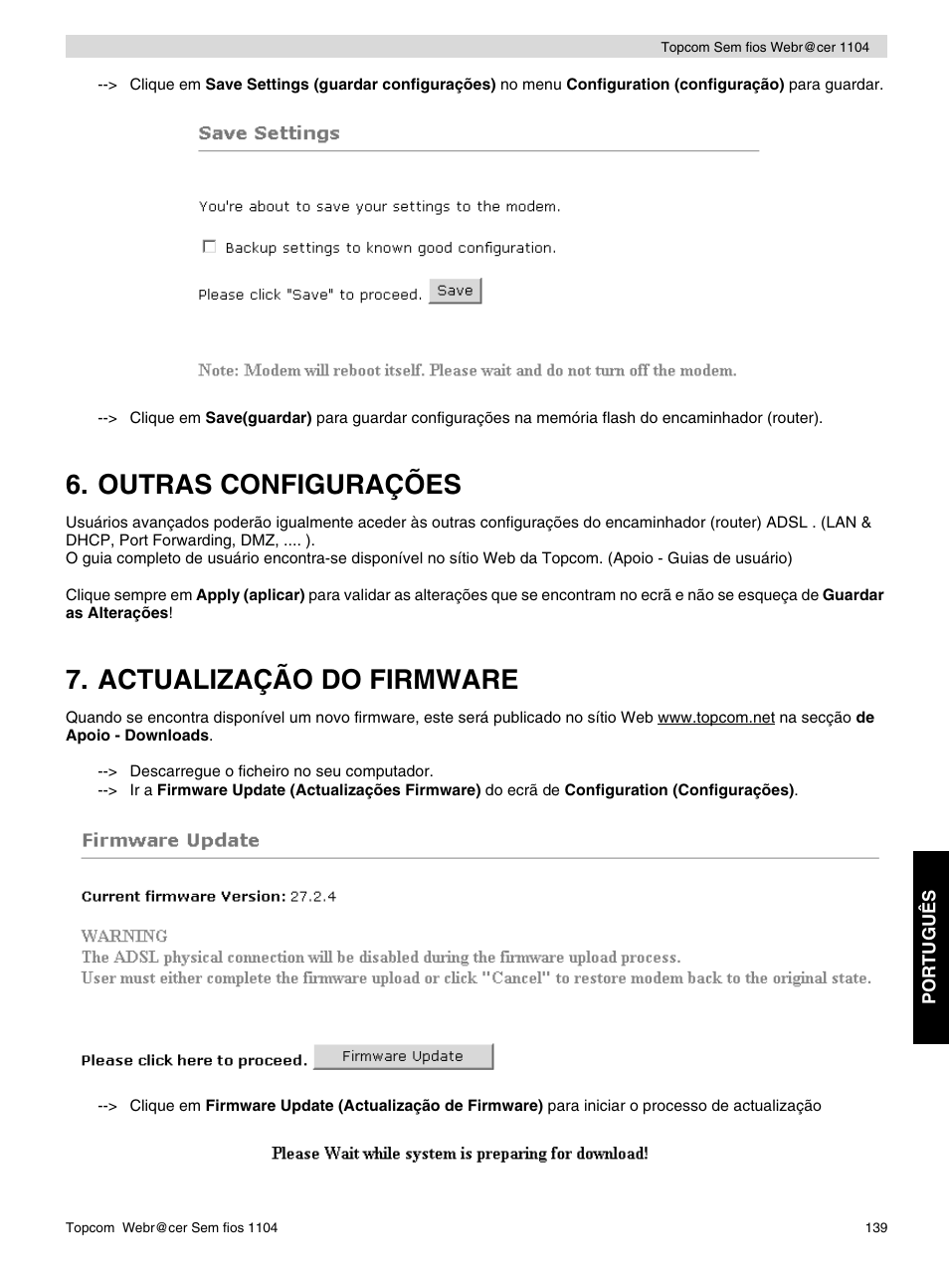 Outras configurações, Actualização do firmware | Topcom Wireless Webracer 1104 User Manual | Page 139 / 144