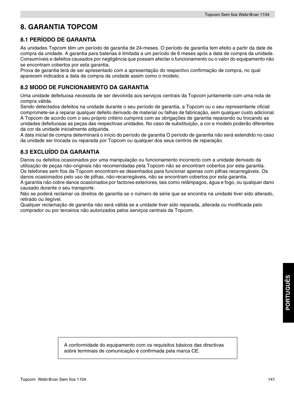 Garantia topcom | Topcom Wireless Webracer 1104 User Manual | Page 141 / 144