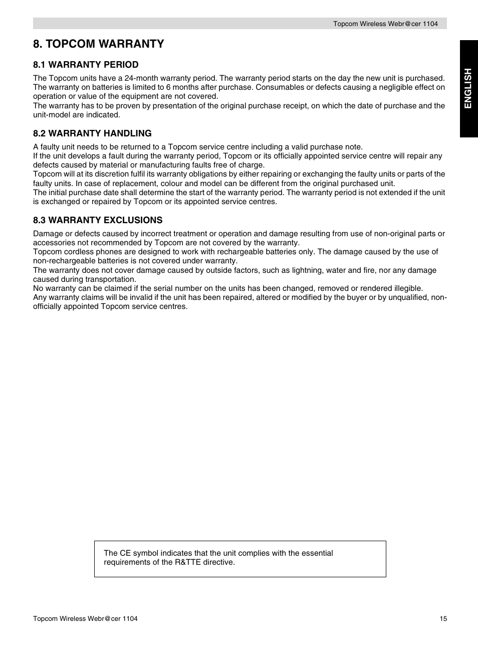 Topcom warranty | Topcom Wireless Webracer 1104 User Manual | Page 15 / 144