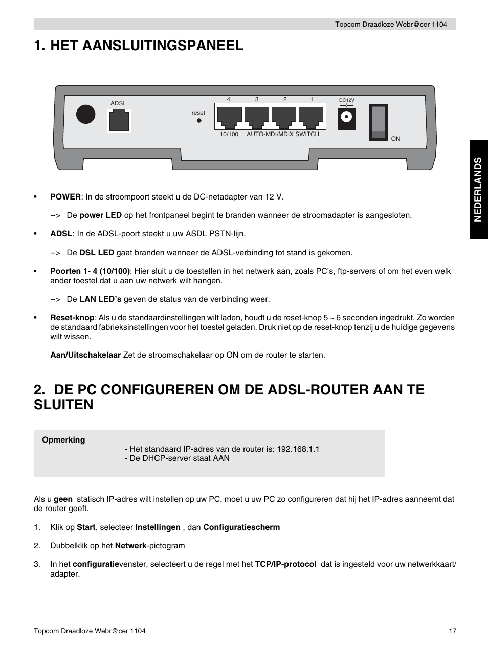 Het aansluitingspaneel | Topcom Wireless Webracer 1104 User Manual | Page 17 / 144