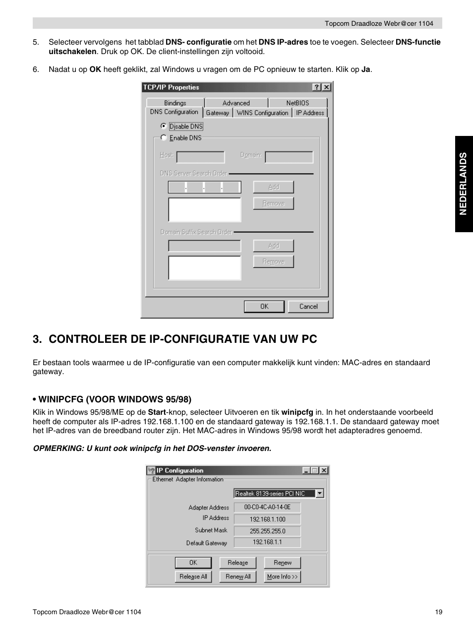 Controleer de ip-configuratie van uw pc | Topcom Wireless Webracer 1104 User Manual | Page 19 / 144