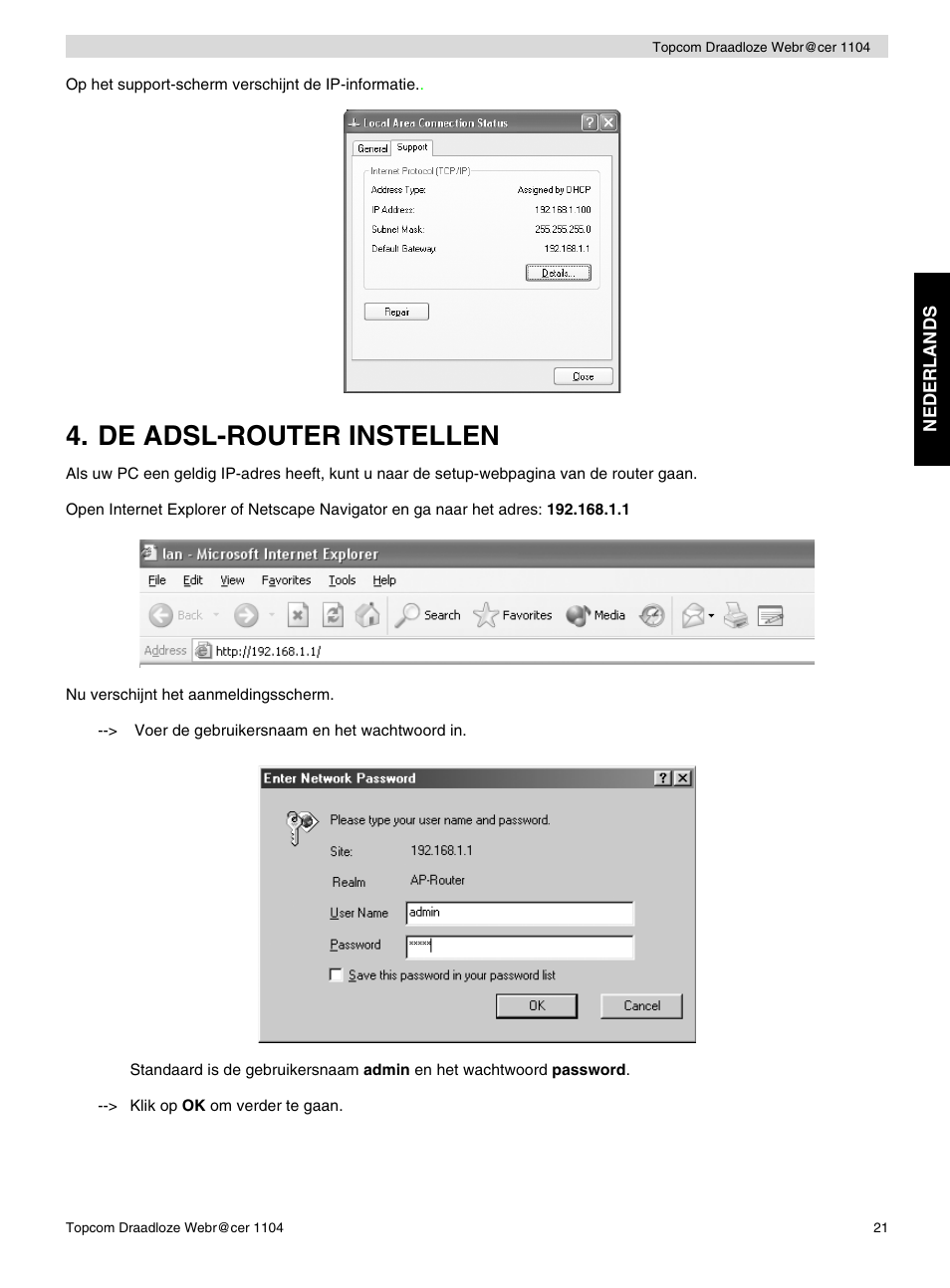 De adsl-router instellen | Topcom Wireless Webracer 1104 User Manual | Page 21 / 144