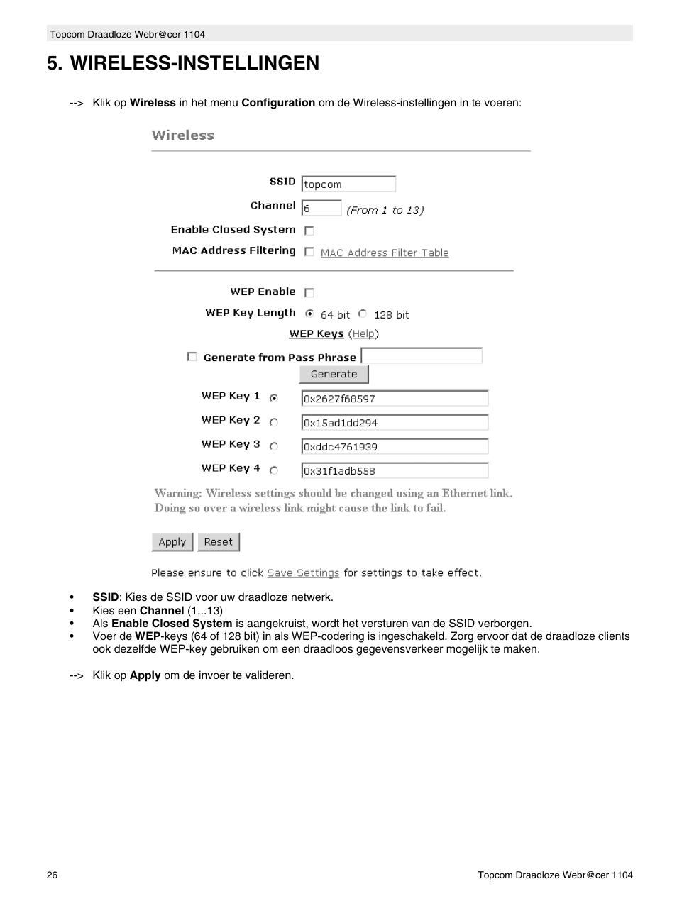 Wireless-instellingen | Topcom Wireless Webracer 1104 User Manual | Page 26 / 144