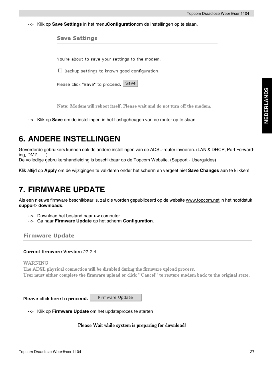 Andere instellingen, Firmware update | Topcom Wireless Webracer 1104 User Manual | Page 27 / 144