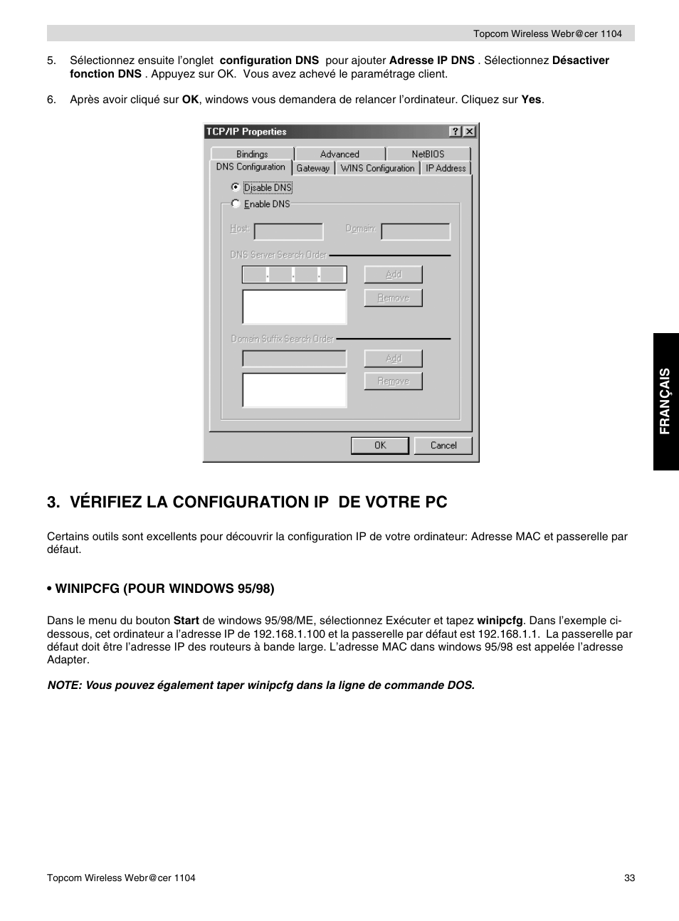 Vérifiez la configuration ip de votre pc | Topcom Wireless Webracer 1104 User Manual | Page 33 / 144