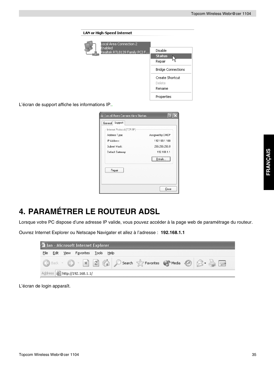 Paramétrer le routeur adsl | Topcom Wireless Webracer 1104 User Manual | Page 35 / 144