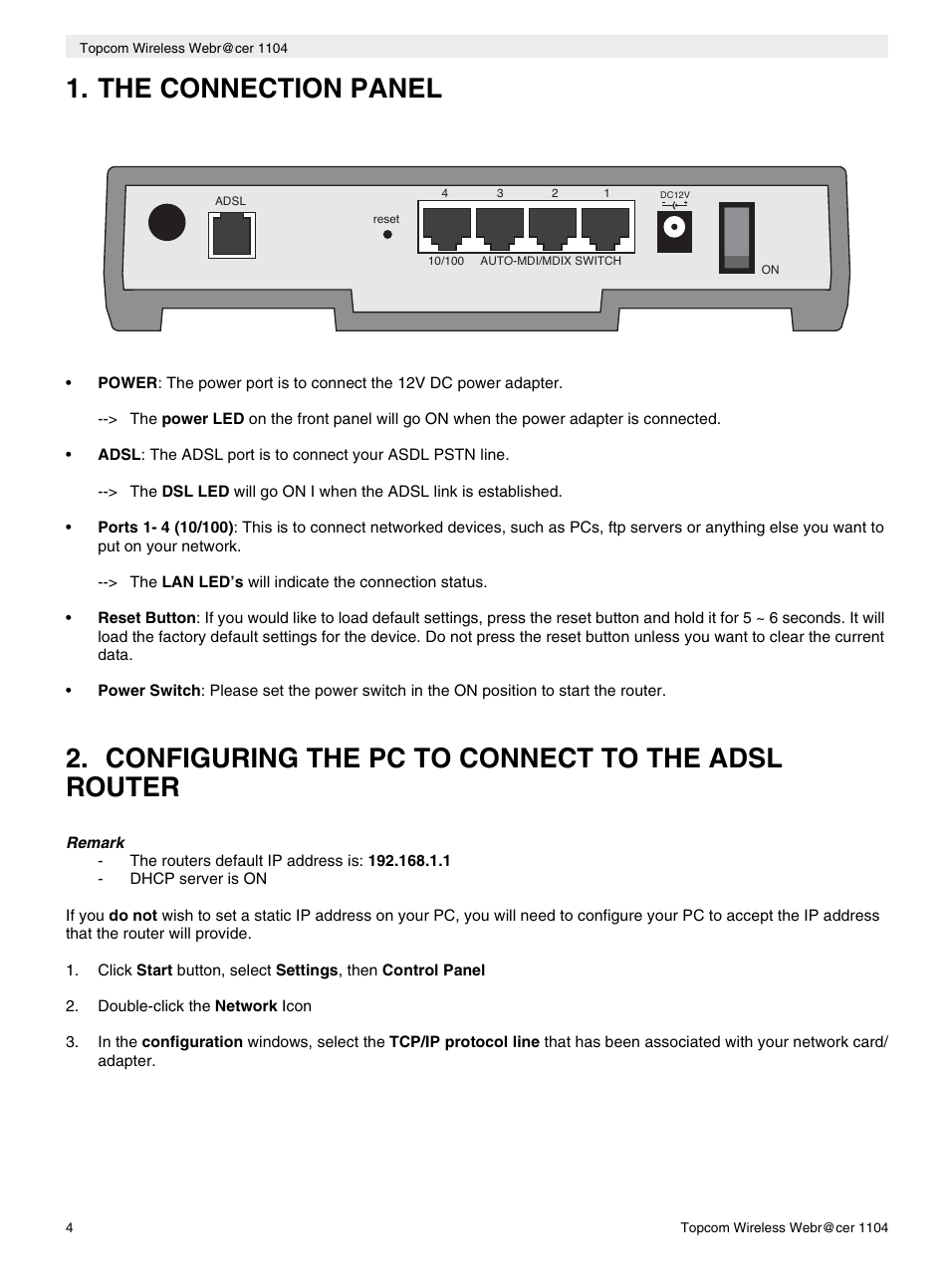 The connection panel, Configuring the pc to connect to the adsl router | Topcom Wireless Webracer 1104 User Manual | Page 4 / 144