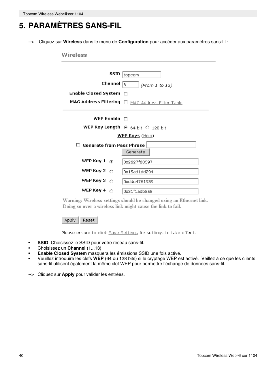 Paramètres sans-fil | Topcom Wireless Webracer 1104 User Manual | Page 40 / 144