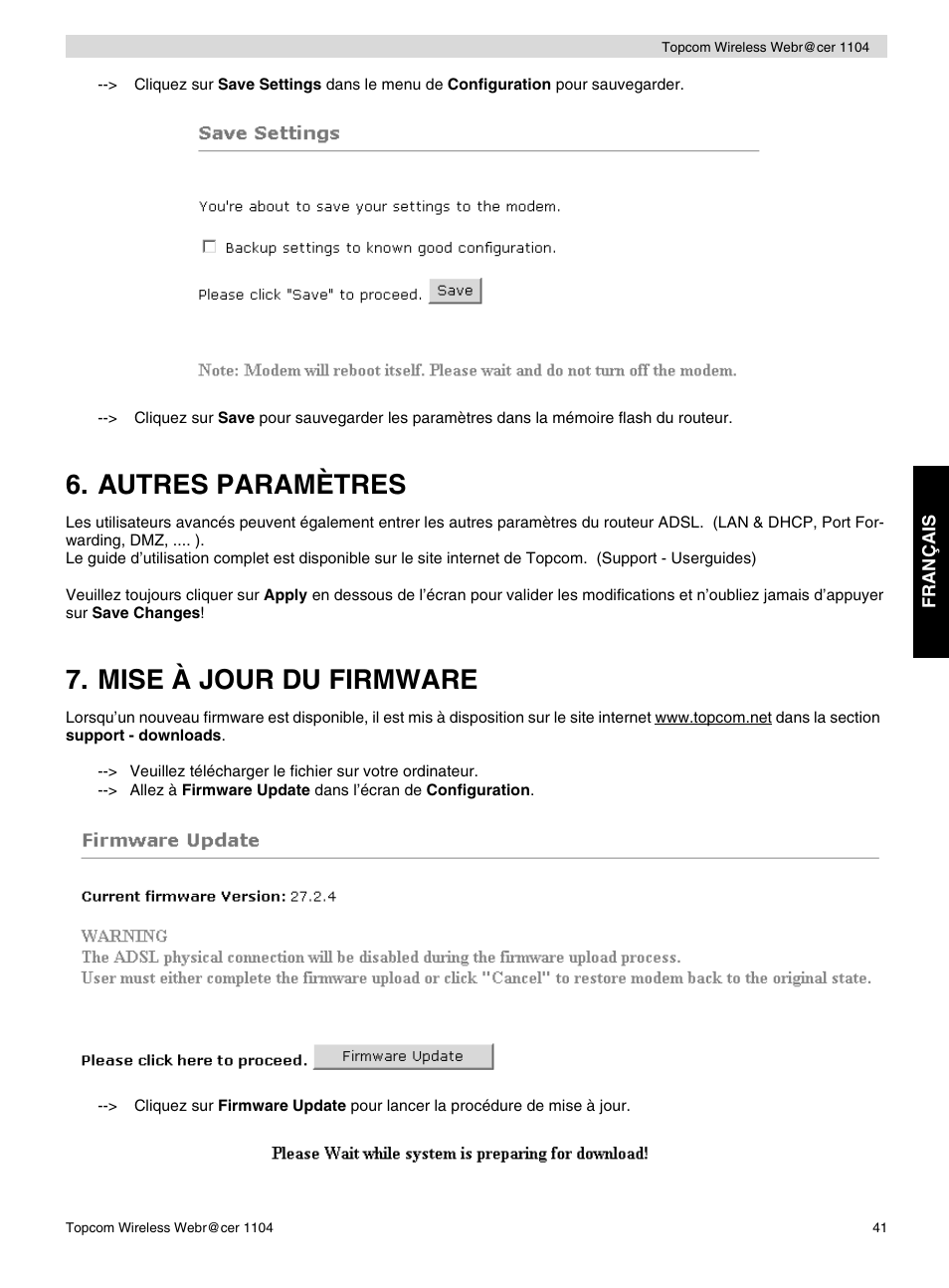 Autres paramètres, Mise à jour du firmware | Topcom Wireless Webracer 1104 User Manual | Page 41 / 144