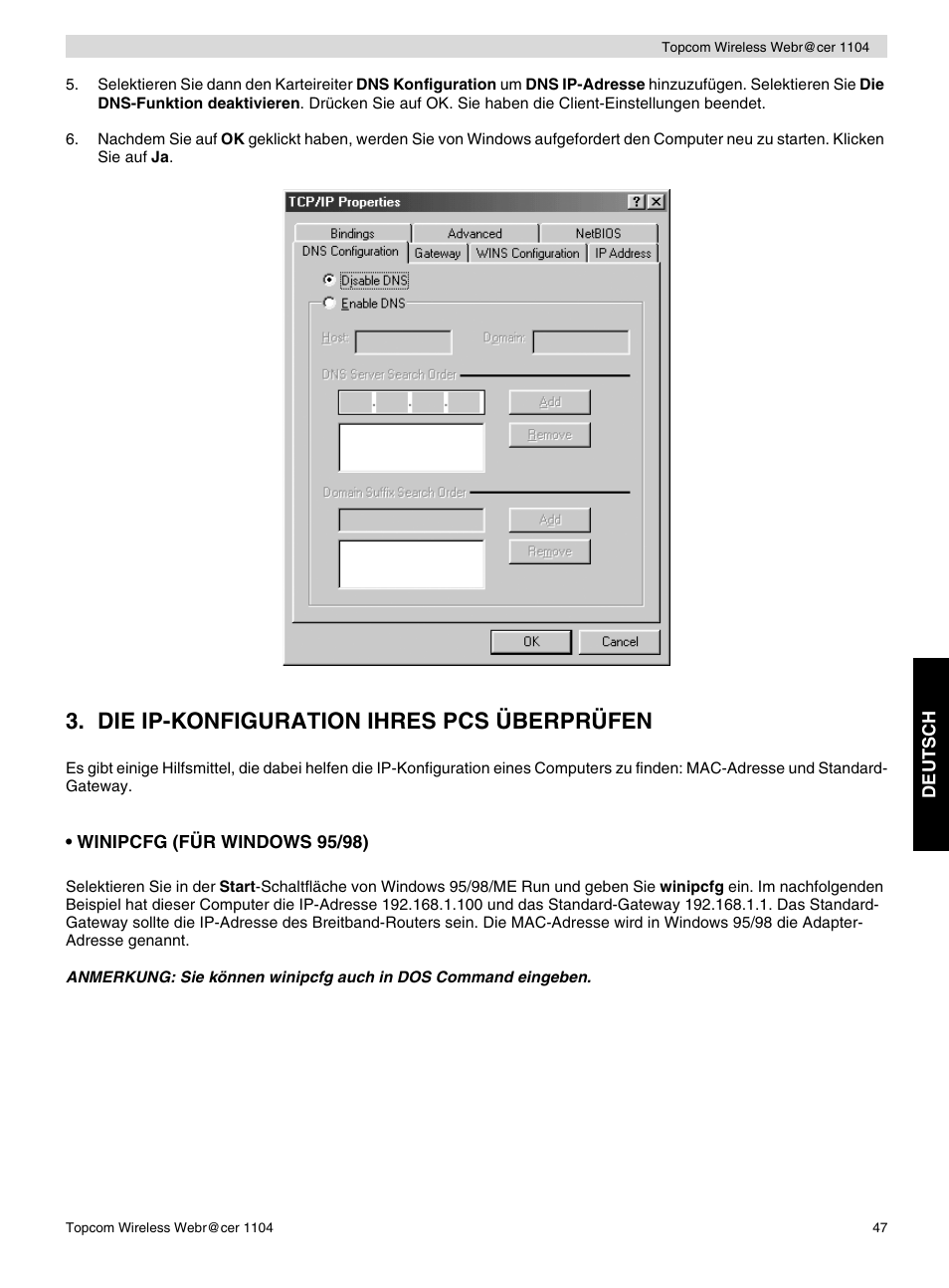 Die ip-konfiguration ihres pcs überprüfen | Topcom Wireless Webracer 1104 User Manual | Page 47 / 144