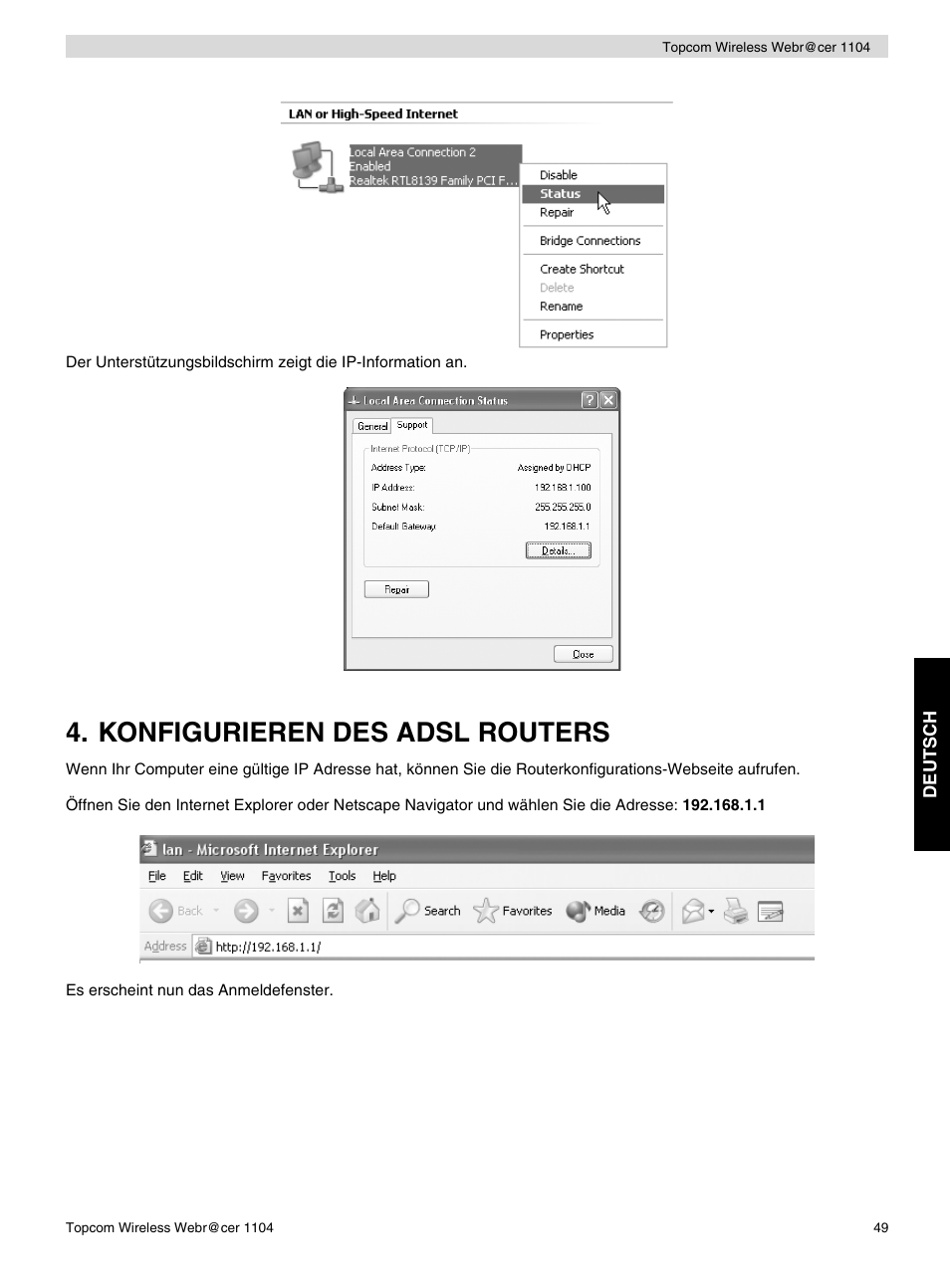 Konfigurieren des adsl routers | Topcom Wireless Webracer 1104 User Manual | Page 49 / 144