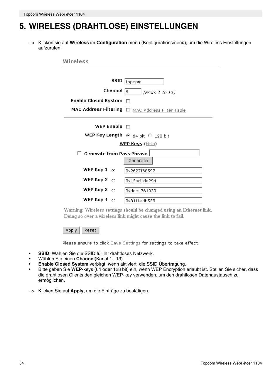 Wireless (drahtlose) einstellungen | Topcom Wireless Webracer 1104 User Manual | Page 54 / 144