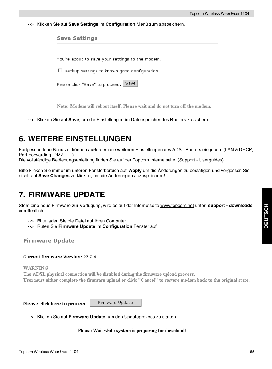 Weitere einstellungen, Firmware update | Topcom Wireless Webracer 1104 User Manual | Page 55 / 144