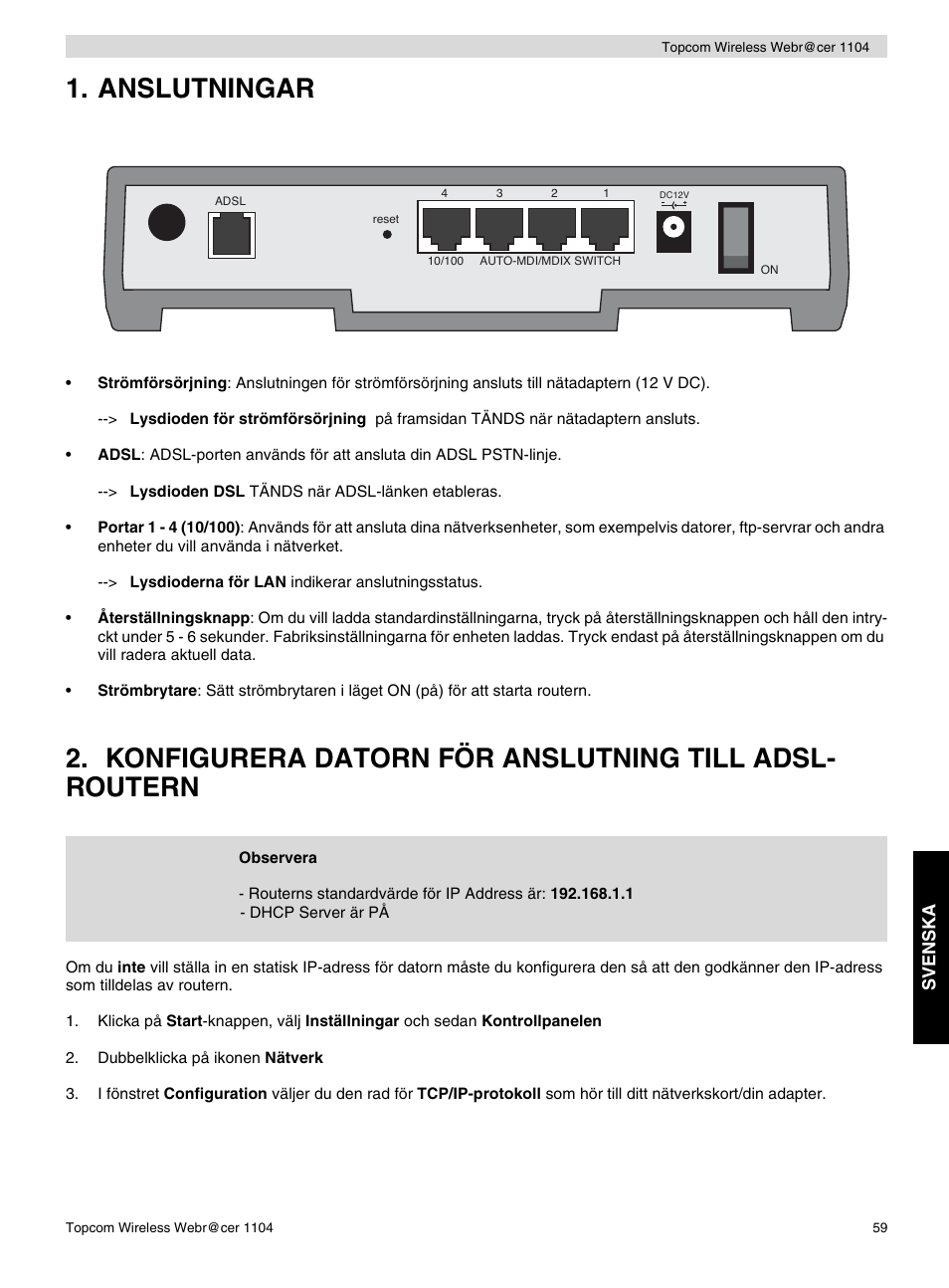 Anslutningar, Svenska | Topcom Wireless Webracer 1104 User Manual | Page 59 / 144