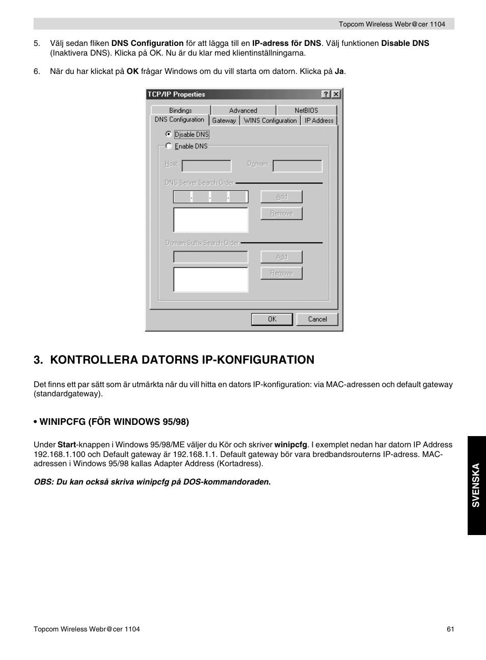 Kontrollera datorns ip-konfiguration | Topcom Wireless Webracer 1104 User Manual | Page 61 / 144