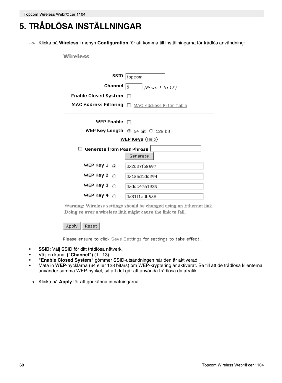 Trådlösa inställningar | Topcom Wireless Webracer 1104 User Manual | Page 68 / 144