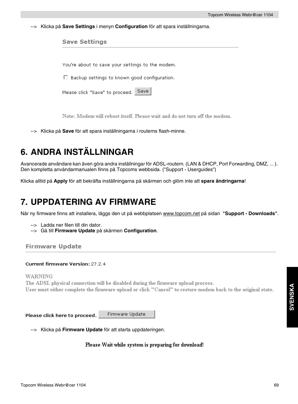 Andra inställningar, Uppdatering av firmware | Topcom Wireless Webracer 1104 User Manual | Page 69 / 144