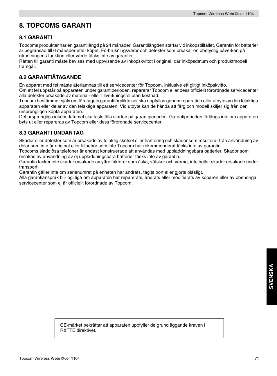 Topcoms garanti | Topcom Wireless Webracer 1104 User Manual | Page 71 / 144