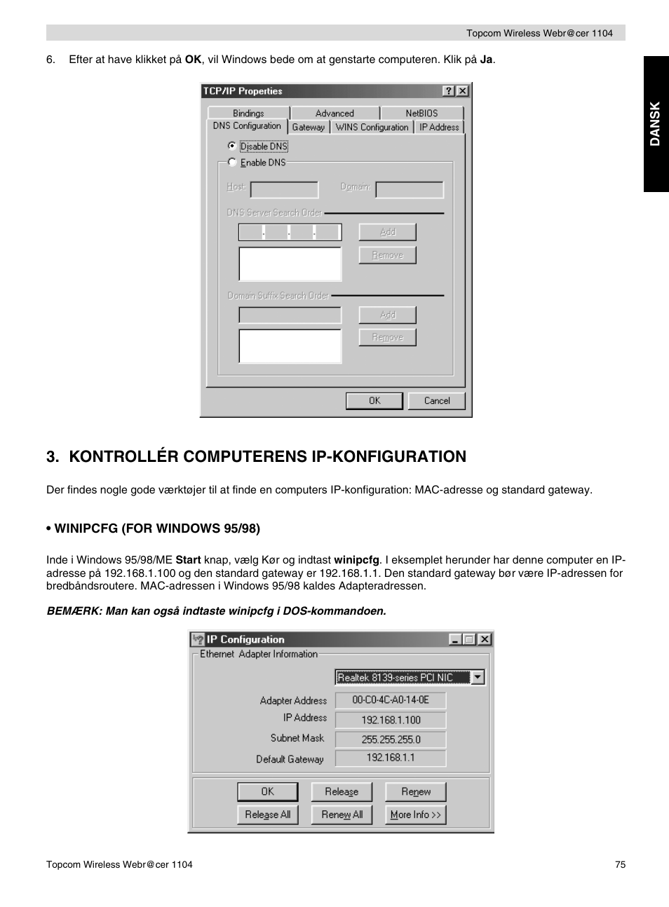 Kontrollér computerens ip-konfiguration | Topcom Wireless Webracer 1104 User Manual | Page 75 / 144