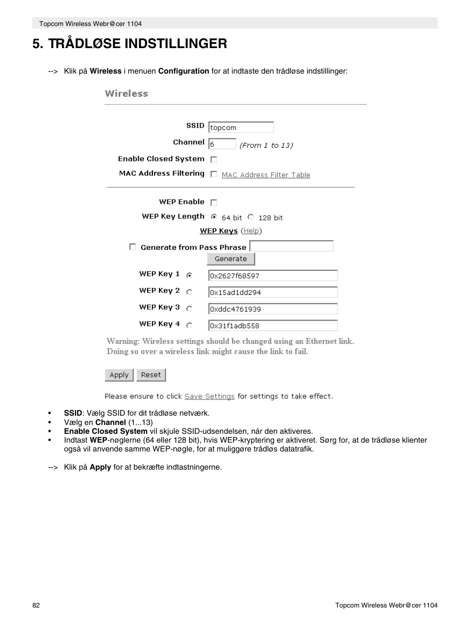 Trådløse indstillinger | Topcom Wireless Webracer 1104 User Manual | Page 82 / 144