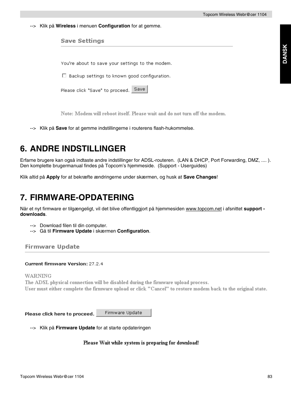 Andre indstillinger, Firmware-opdatering | Topcom Wireless Webracer 1104 User Manual | Page 83 / 144