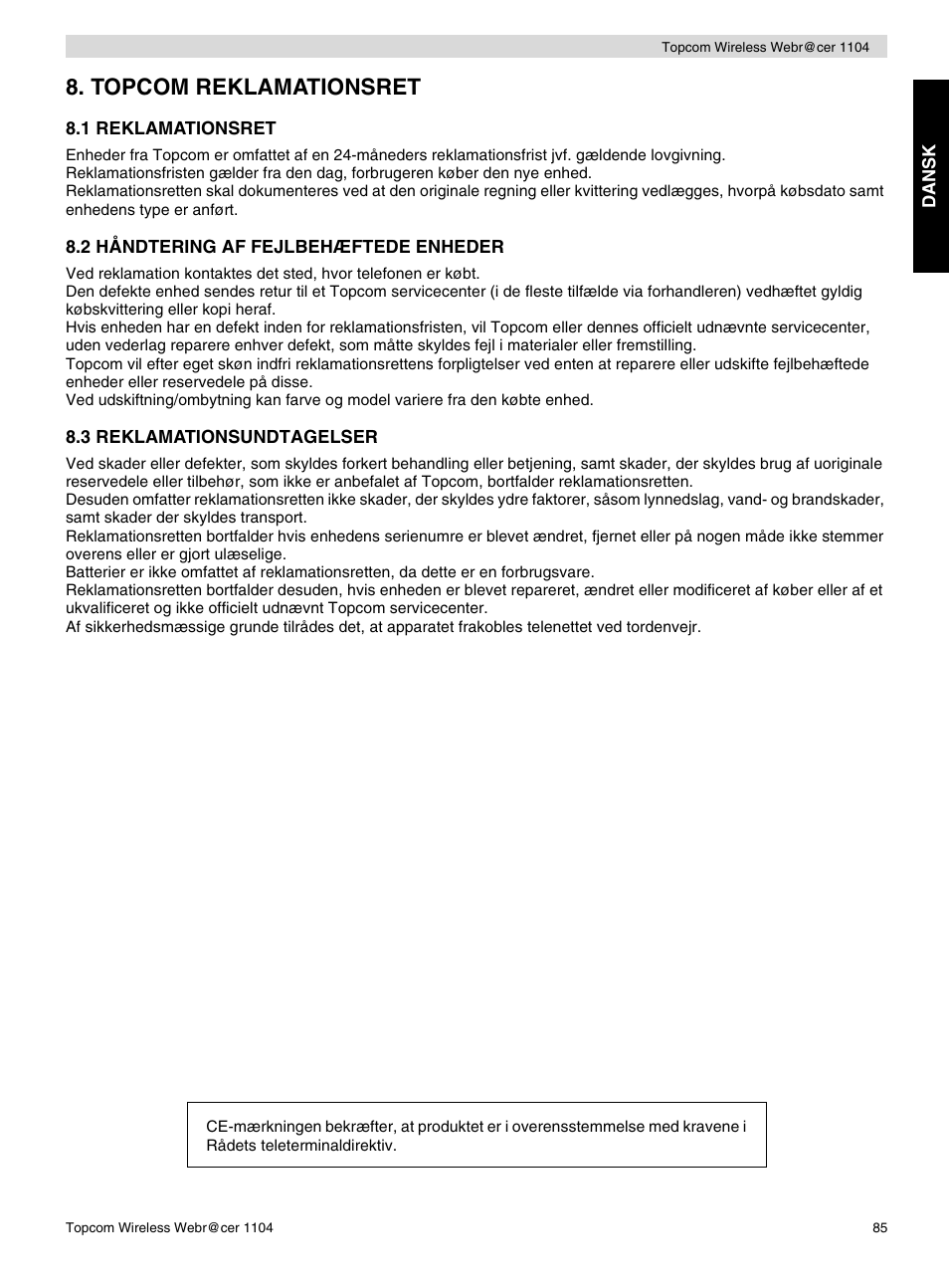 Topcom reklamationsret | Topcom Wireless Webracer 1104 User Manual | Page 85 / 144