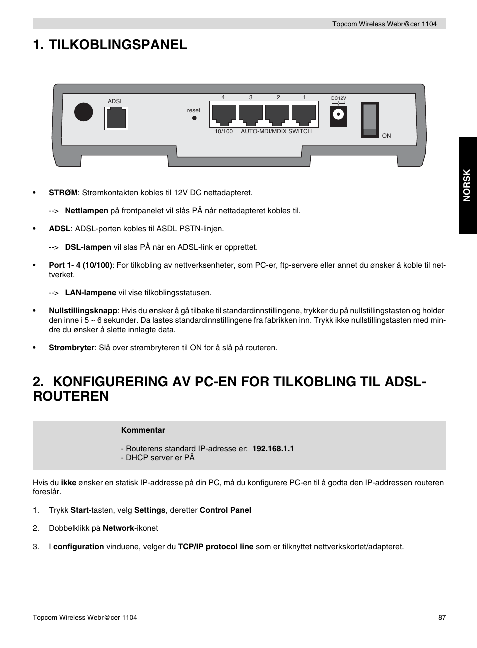 Tilkoblingspanel, Norsk | Topcom Wireless Webracer 1104 User Manual | Page 87 / 144