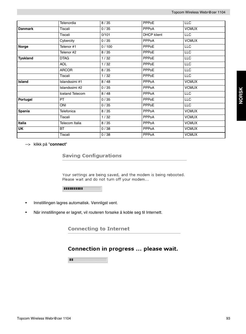 Norsk | Topcom Wireless Webracer 1104 User Manual | Page 93 / 144