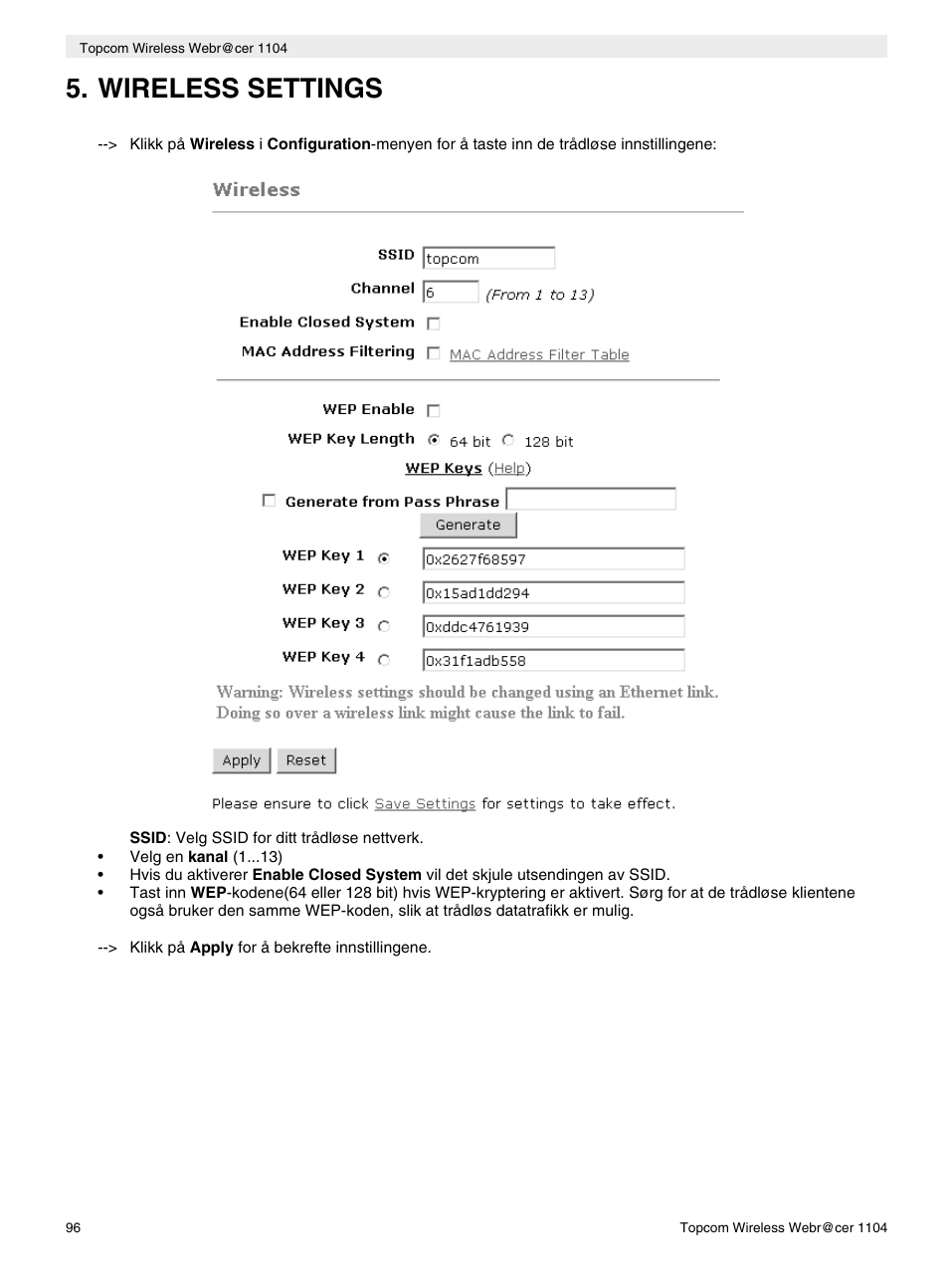 Wireless settings | Topcom Wireless Webracer 1104 User Manual | Page 96 / 144