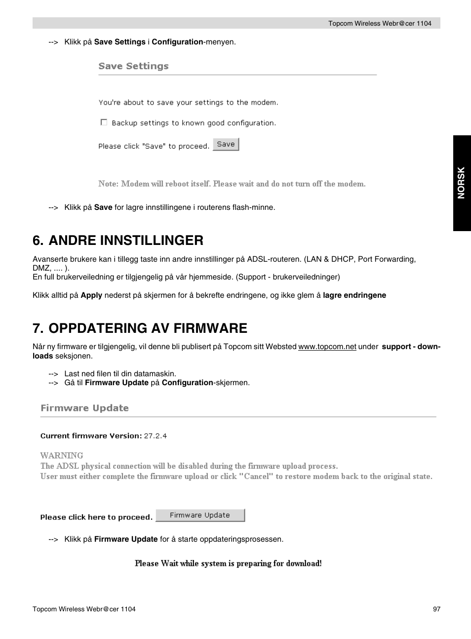 Andre innstillinger, Oppdatering av firmware | Topcom Wireless Webracer 1104 User Manual | Page 97 / 144