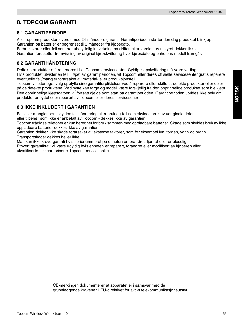 Topcom garanti | Topcom Wireless Webracer 1104 User Manual | Page 99 / 144