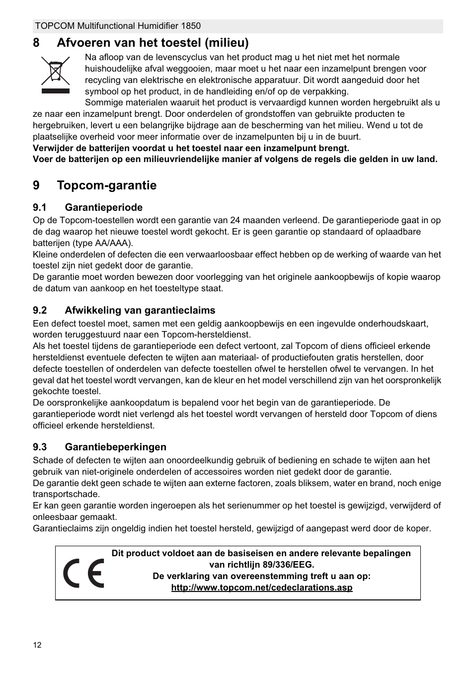 8afvoeren van het toestel (milieu), 9topcom-garantie | Topcom 1850 User Manual | Page 12 / 92