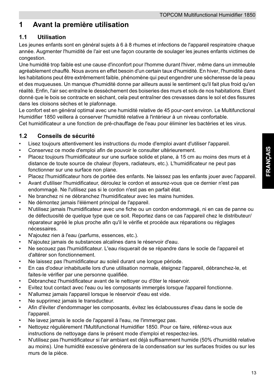 1avant la première utilisation | Topcom 1850 User Manual | Page 13 / 92