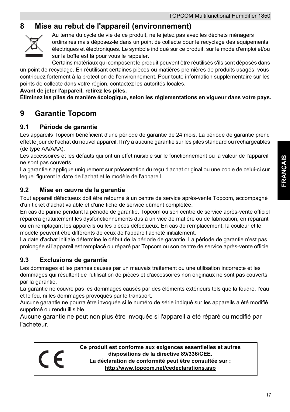 8mise au rebut de l'appareil (environnement), 9garantie topcom | Topcom 1850 User Manual | Page 17 / 92