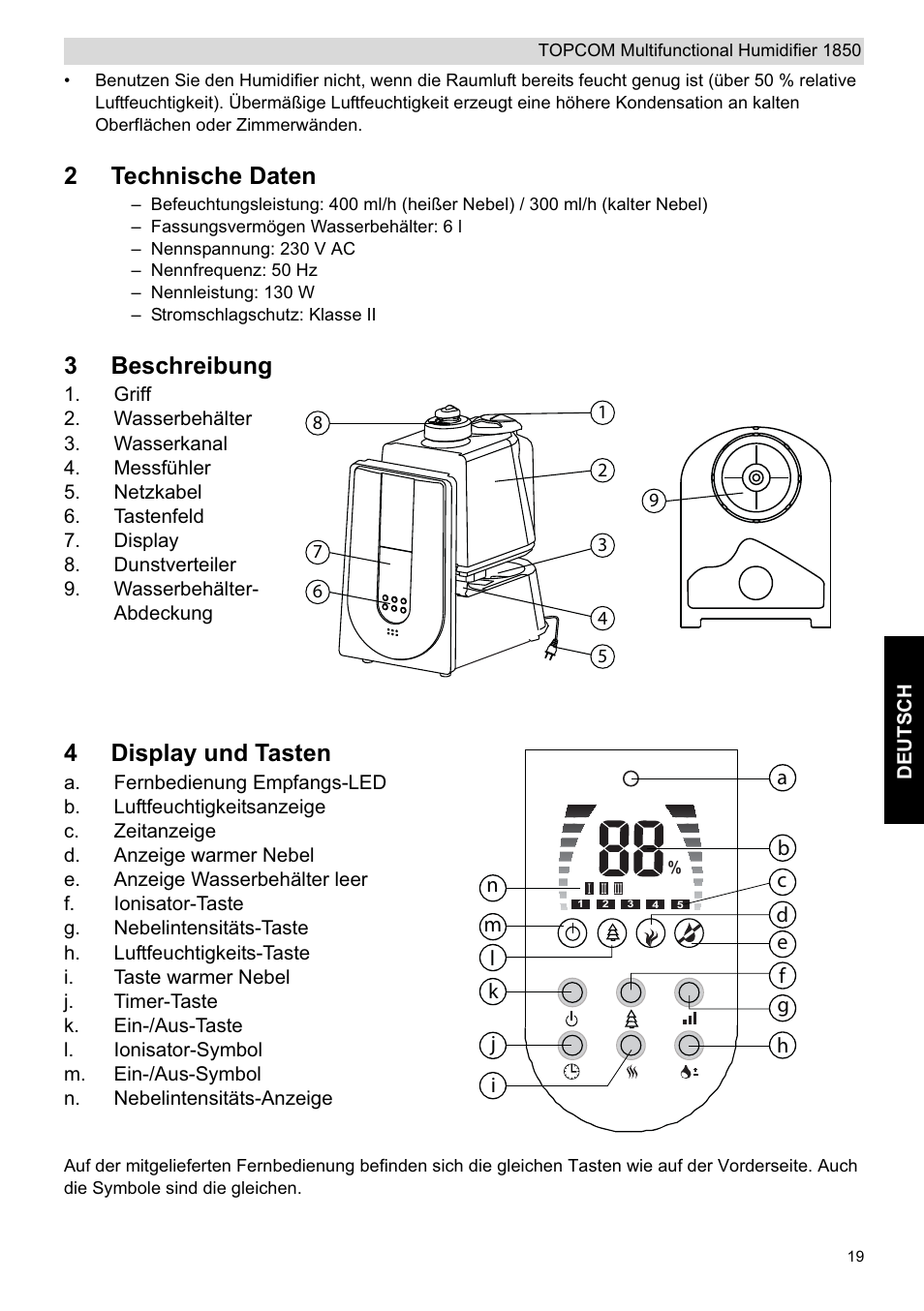 2technische daten, 3beschreibung, 4display und tasten | Topcom 1850 User Manual | Page 19 / 92