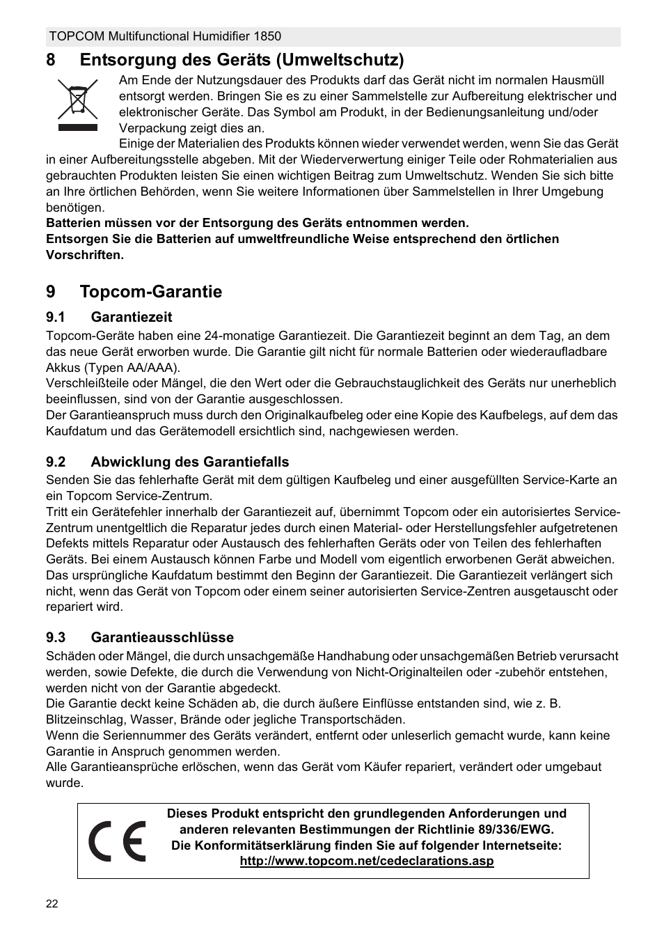 8entsorgung des geräts (umweltschutz), 9topcom-garantie | Topcom 1850 User Manual | Page 22 / 92