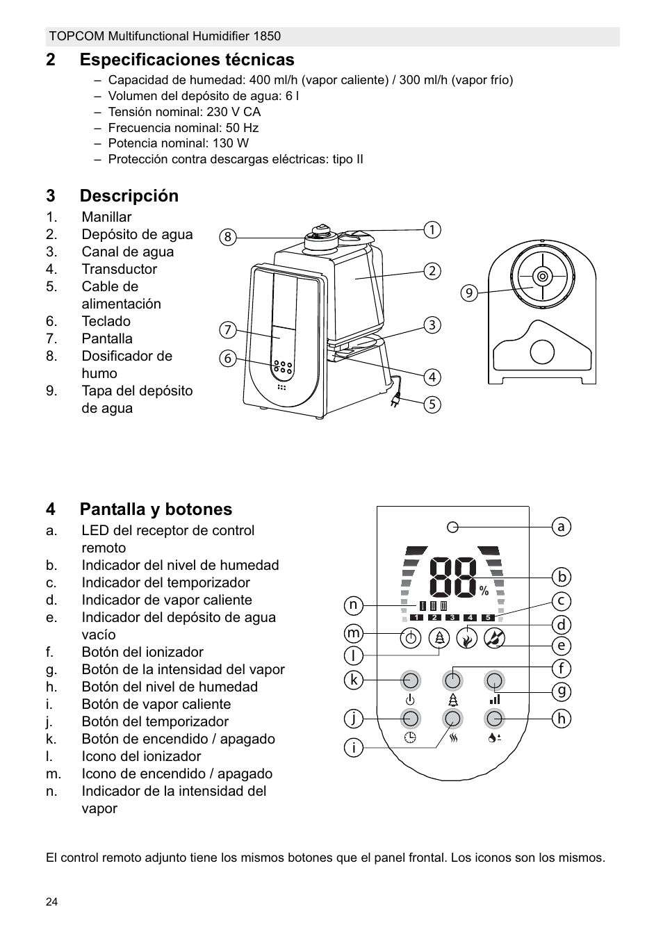 2especificaciones técnicas, 3descripción, 4pantalla y botones | Topcom 1850 User Manual | Page 24 / 92