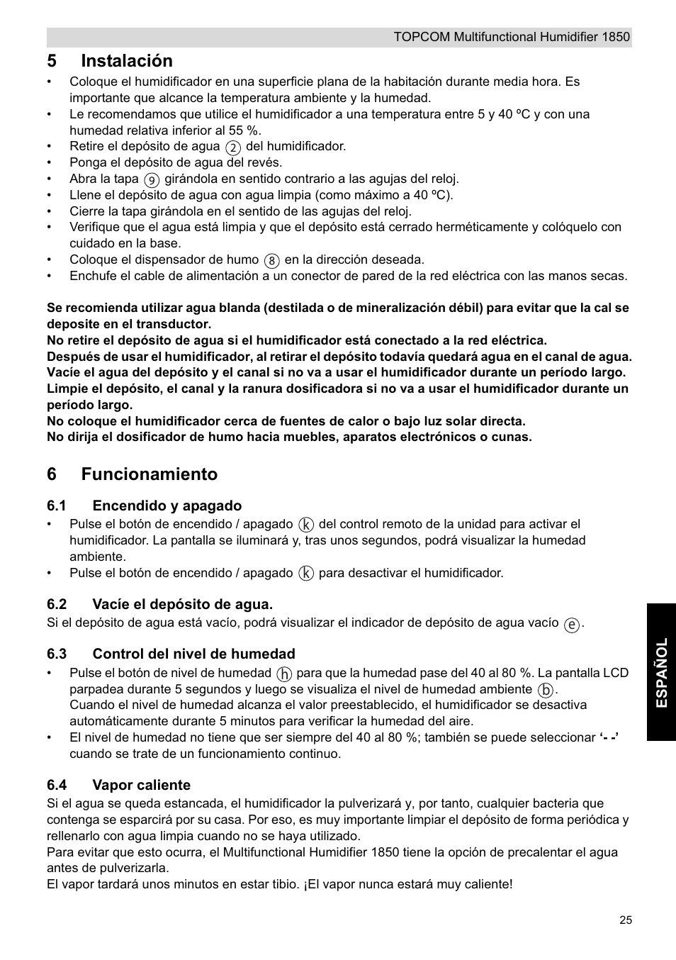 5instalación, 6funcionamiento | Topcom 1850 User Manual | Page 25 / 92