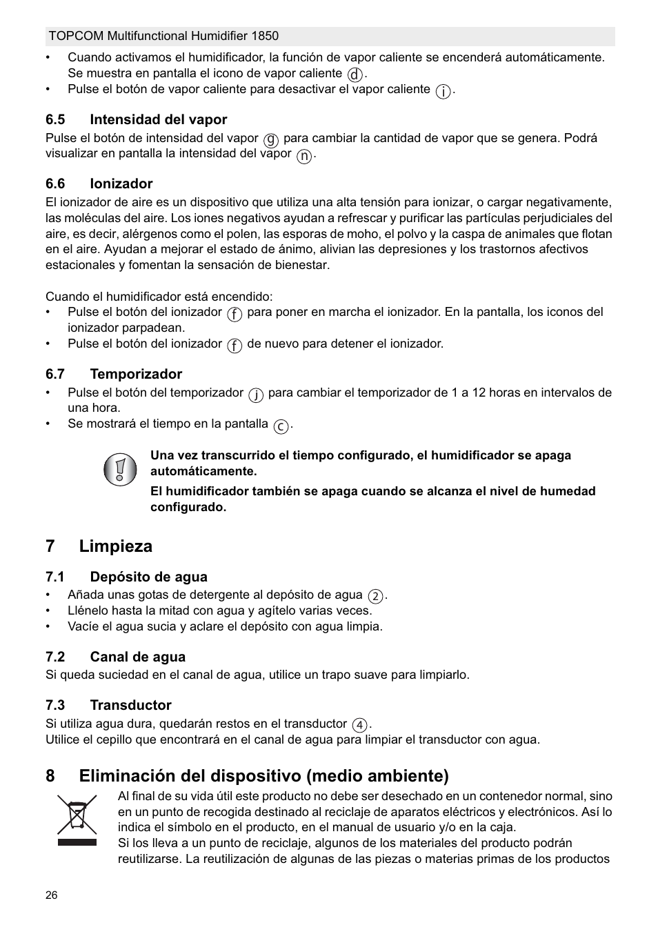 7limpieza, 8eliminación del dispositivo (medio ambiente) | Topcom 1850 User Manual | Page 26 / 92