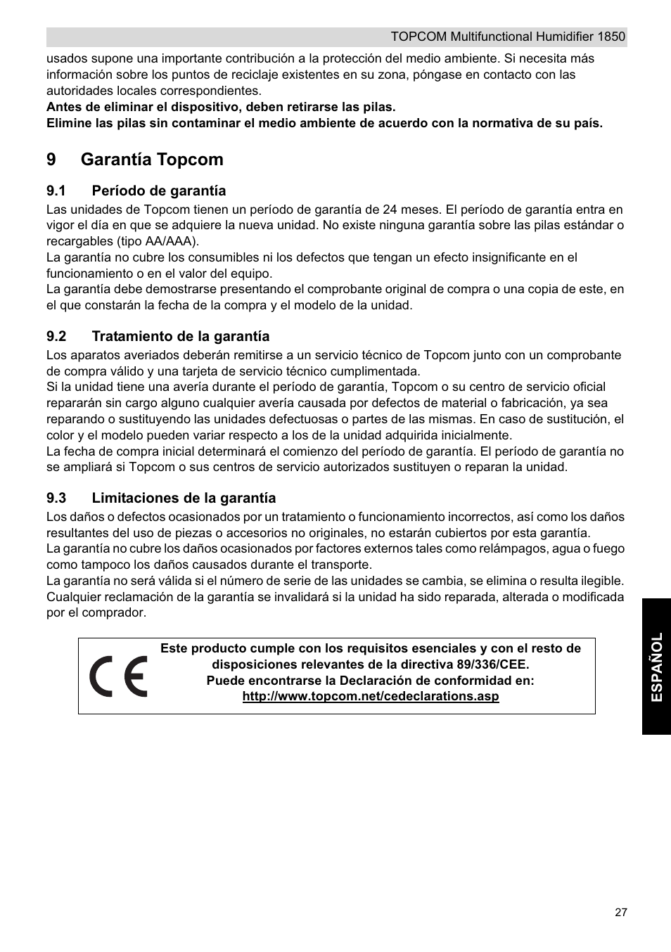 9garantía topcom | Topcom 1850 User Manual | Page 27 / 92