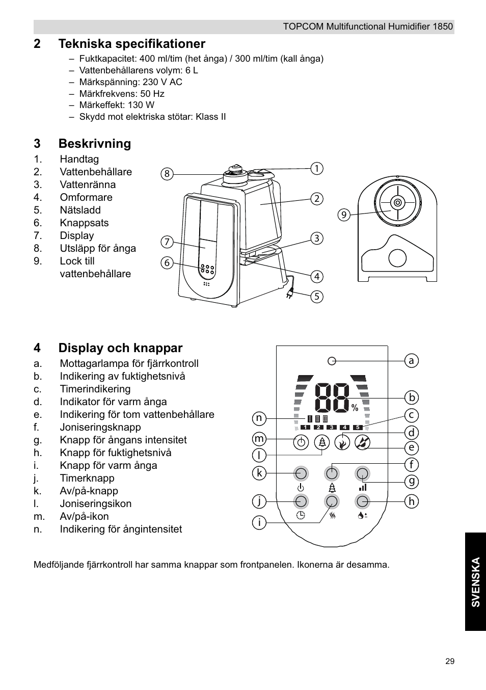 2tekniska specifikationer, 3beskrivning, 4display och knappar | Topcom 1850 User Manual | Page 29 / 92